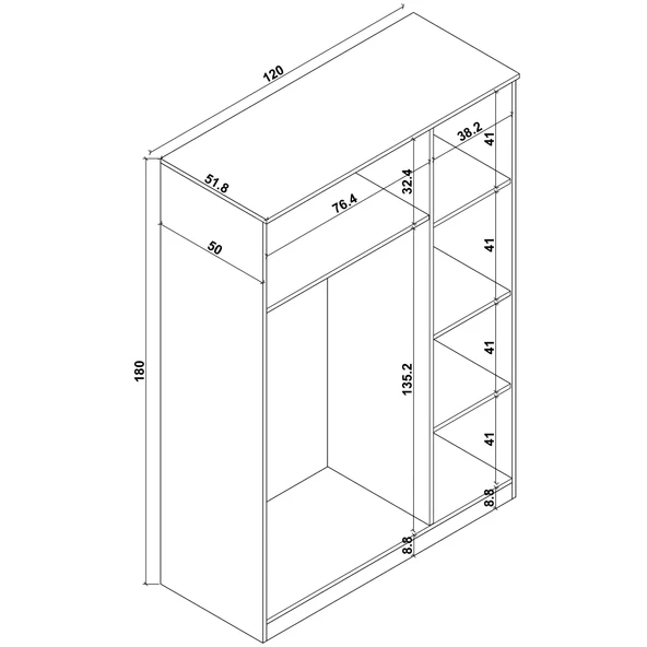 Midoser Kardelen Serisi Atlantik Çam 3 Kapaklı 5 Raflı 120 Cm Elbise Dolabı - Gardırop - 8