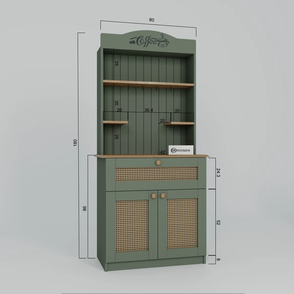 Midoser Lucas 2 Kapaklı Çekmeceli Pvc Hasır Desen Kahve Köşesi & Çok Amaçlı Mutfak Dolabı-Açık Ceviz & Yeşil - 7