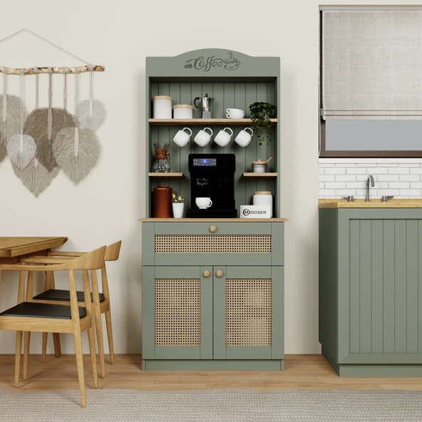 Midoser Lucas 2 Kapaklı Çekmeceli Pvc Hasır Desen Kahve Köşesi & Çok Amaçlı Mutfak Dolabı-Açık Ceviz & Yeşil
