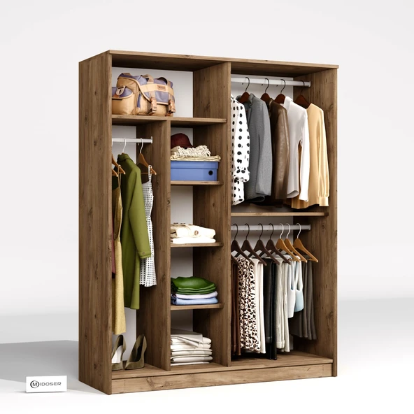 Midoser Kardelen Serisi Atlantik Çam 4 Kapaklı 5 Raflı  140 Cm  Elbise Dolabı - Gardırop - 7