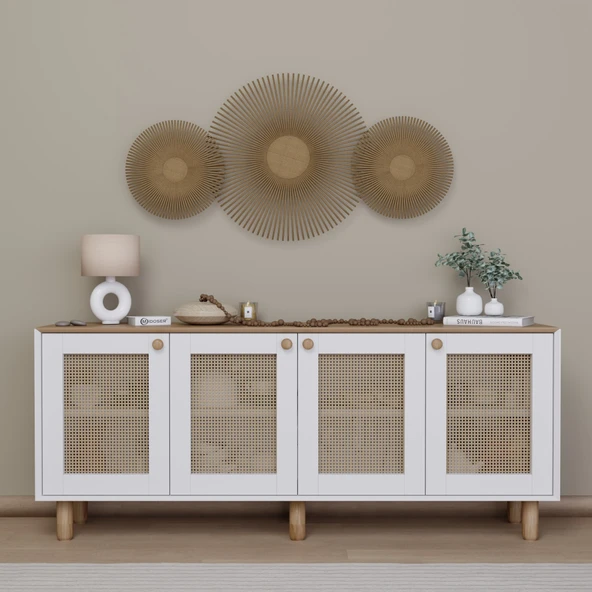 Midoser Bohem Serisi Natura 4 Kapak Pvc Hasır Desen Mat Beyaz - Açık Ceviz Konsol