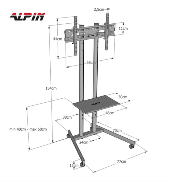 ALPİN Ev Tipi Salon,Oturma Odası,Balkon ve Toplantı Odası Metal Ayaklı Tekerlekli TV/Fuar Standı/Ünitesi 40" inç- 75" inç - 4