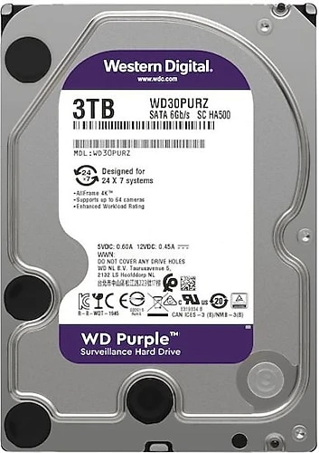 WESTERN DİGİTAL Purple 3TB 5400rpm 64MB Sata 3.0 3.5" 7x24 Güvenlik Harddisk (WD30PURX) - 1