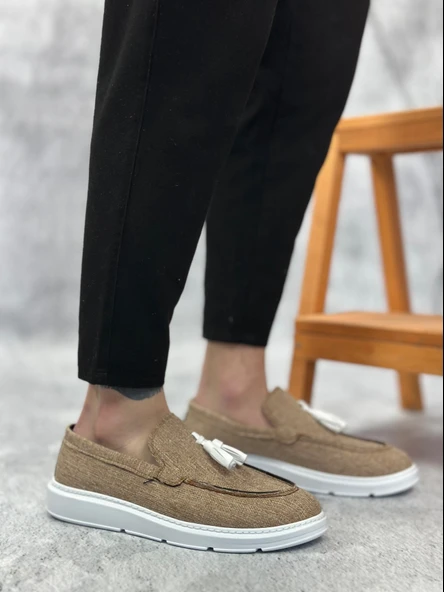 ET0005 Bağcıksız Yüksek Taban Klasik Keten Hardal Püsküllü Erkek Ayakkabı ürün görseli