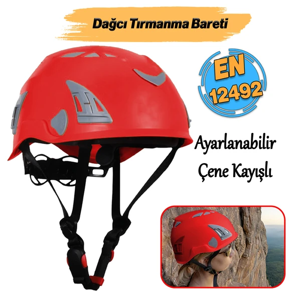 Dağcı Tırmanma Bareti Kırmızı Renk Baş Koruyucu Kask CE En12492 Sertifikalı 51-62 cm Ayarlanabilir