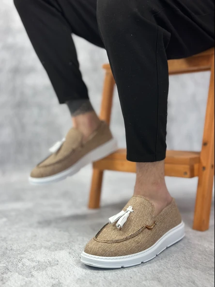 ET0005 Bağcıksız Yüksek Taban Klasik Keten Hardal Püsküllü Erkek Ayakkabı - Resim 2