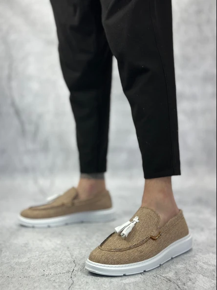 ET0005 Bağcıksız Yüksek Taban Klasik Keten Hardal Püsküllü Erkek Ayakkabı - Resim 3
