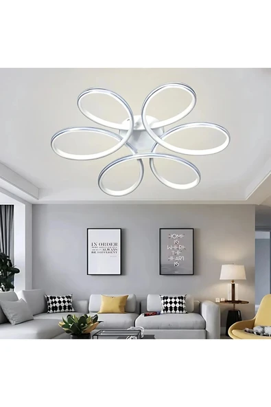 Lampiqa Modern Megan Beyaz Modern Tasarım Krom Çizgili Plafonyer Ledli Avize Çap 60 cm