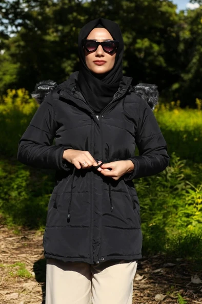 Kışlık Orta Boy Kürklü Kapüşonlu Su Geçirmez Tasarım Kadın Şişme Mont - Resim 7