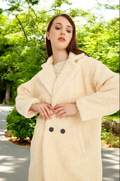 Kışlık Düğmeli Şık Peluş Ceket - 7