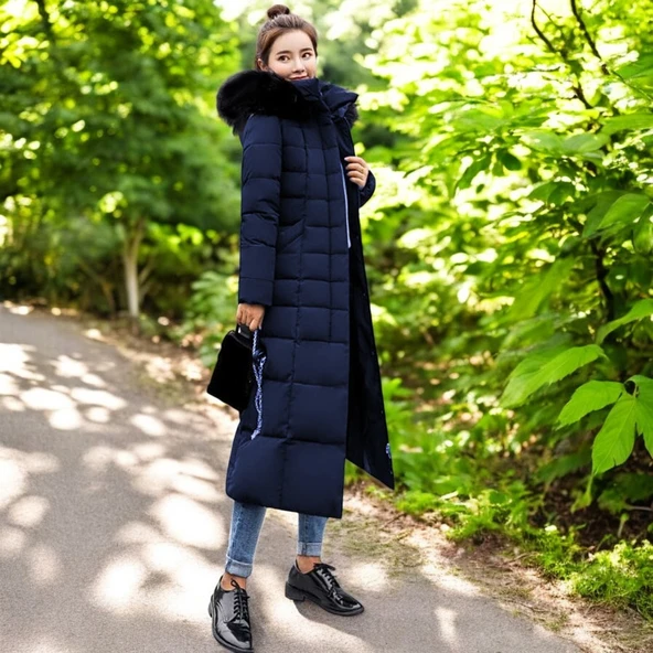 Kışlık Tam Boy Kürklü Kapüşonlu Tasarım Kadın Şişme Mont ürün görseli