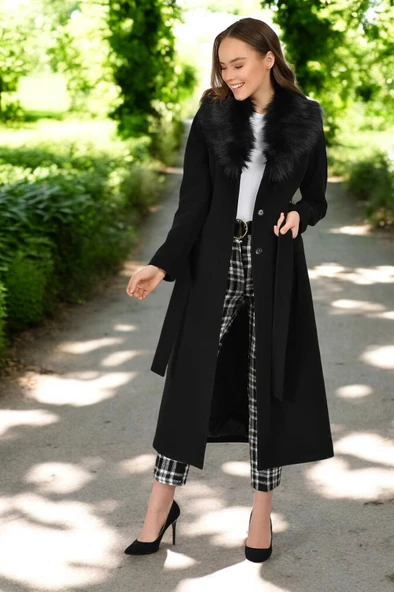 Kışlık Kürk Yaka Kaşmir Kaşe Kaban - Resim 2