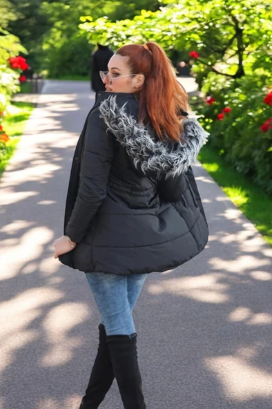 Kışlık Orta Boy Kürklü Kapüşonlu Su Geçirmez Şık Kadın Şişme Mont - Resim 3