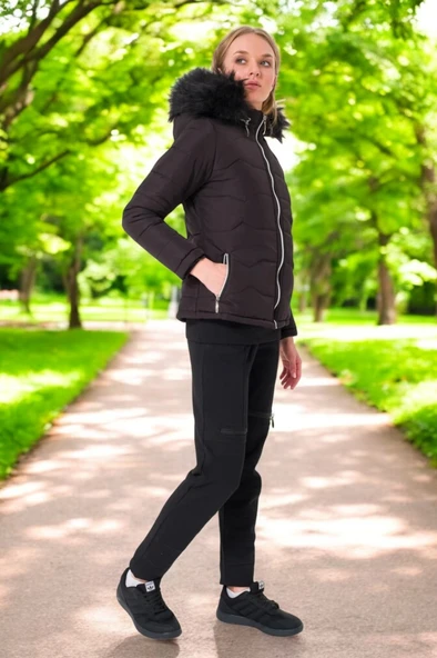 Kışlık Kapüşonlu Kürklü Su Geçirmez Şişme Kadın Mont - Resim 3