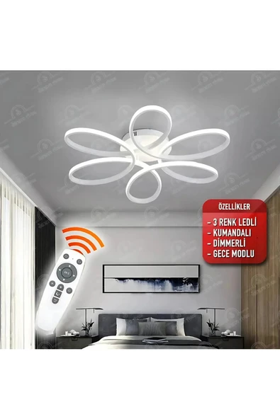 Lampiqa Elisa Beyaz Kumandalı 3 Renk Ledli Dimmerli Plafonyer Modern Ledli Avize