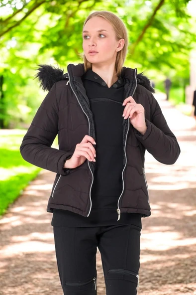 Kışlık Kapüşonlu Kürklü Su Geçirmez Şişme Kadın Mont - Resim 7