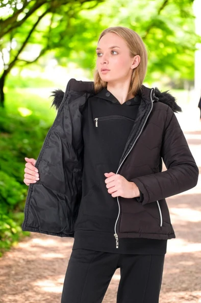 Kışlık Kapüşonlu Kürklü Su Geçirmez Şişme Kadın Mont - Resim 5