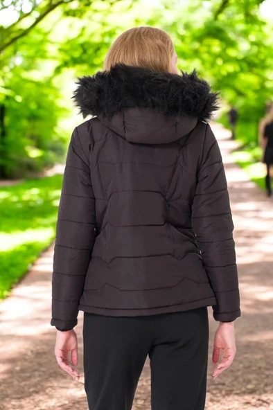 Kışlık Kapüşonlu Kürklü Su Geçirmez Şişme Kadın Mont - Resim 2