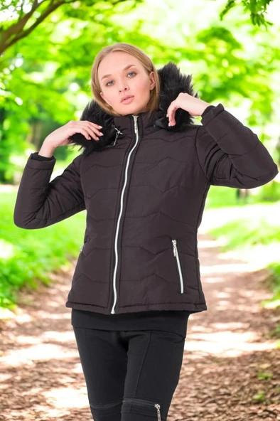 Kışlık Kapüşonlu Kürklü Su Geçirmez Şişme Kadın Mont - Resim 8