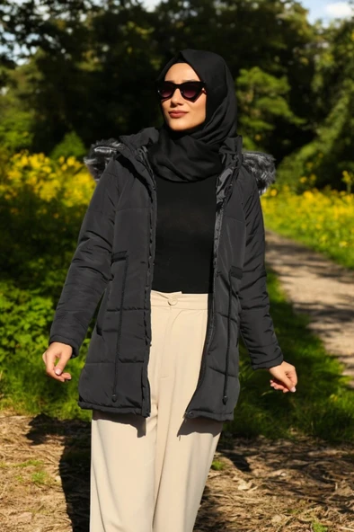 Kışlık Orta Boy Kürklü Kapüşonlu Su Geçirmez Tasarım Kadın Şişme Mont - Resim 6