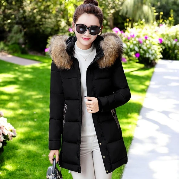 Kışlık Kürklü Kapüşonlu Uzun Şişme Mont ürün görseli