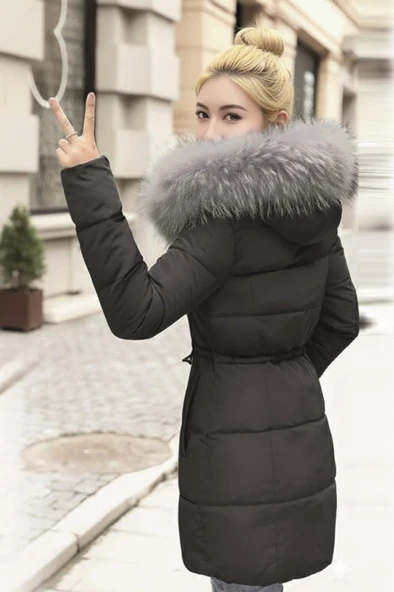 Kışlık Orta Boy Kürklü Kapüşonlu Su Geçirmez Kadın Şişme Mont - Resim 3