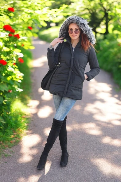 Kışlık Orta Boy Kürklü Kapüşonlu Su Geçirmez Şık Kadın Şişme Mont - Resim 4