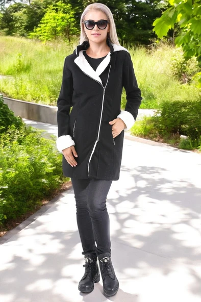 Kapüşonlu Kaşmir Kadın Kaşe Kaban - 4