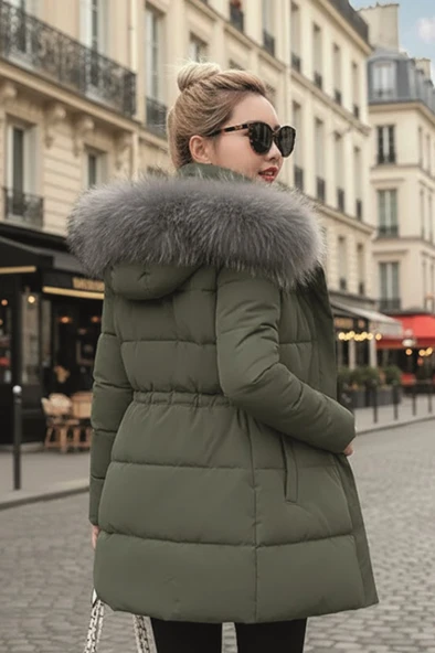 Kışlık Orta Boy Kapüşonlu Kürklü Su Geçirmez Şişme Mont co122haki - Resim 2