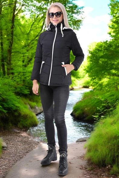 Kısa Kapüşonlu Kışlık Şişme Kadın Mont - Resim 4