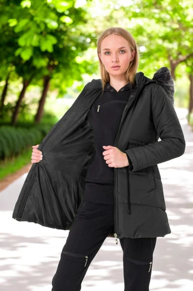 Kışlık Orta Boy Kürklü Kapüşonlu Su Geçirmez Rahat Kadın Şişme Mont - 3