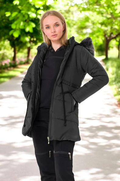 Kışlık Orta Boy Kürklü Kapüşonlu Su Geçirmez Rahat Kadın Şişme Mont - Resim 2