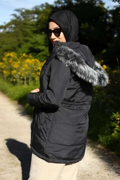 Kışlık Orta Boy Kürklü Kapüşonlu Su Geçirmez Tasarım Kadın Şişme Mont - Resim 2