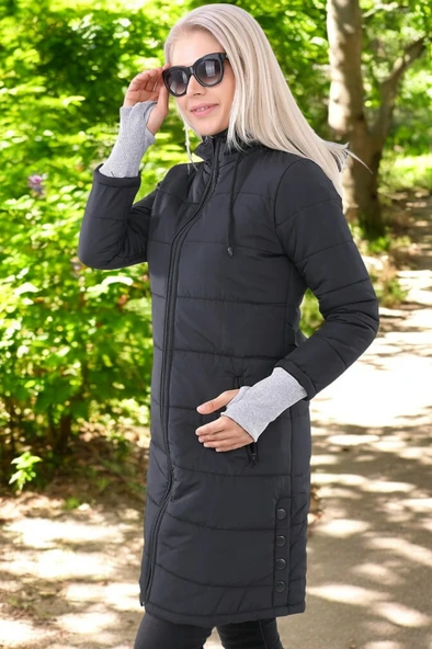 Kışlık Su Geçirmez Eldiven Detaylı Uzun Kapüşonlu Şişme Mont - 3