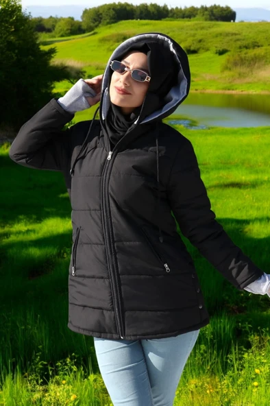 Kışlık Su Geçirmez Kapüşonlu Eldiven Detaylı Uzun Şişme Mont - Resim 4