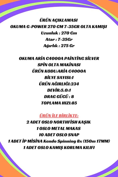 Okuma Aria C4000a Okuma G-Power 270cm 7-35gr 8X Spin Olta Seti - 2