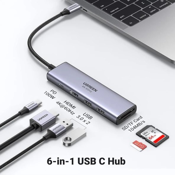 Ugreen Type-C to 2xUSB 3.0 2xUSB-C 4K/60Hz HDMI Gigabit Ethernet SD TF Kart Okuyucu Çoklayıcı Hub Adaptör Outlet - 2