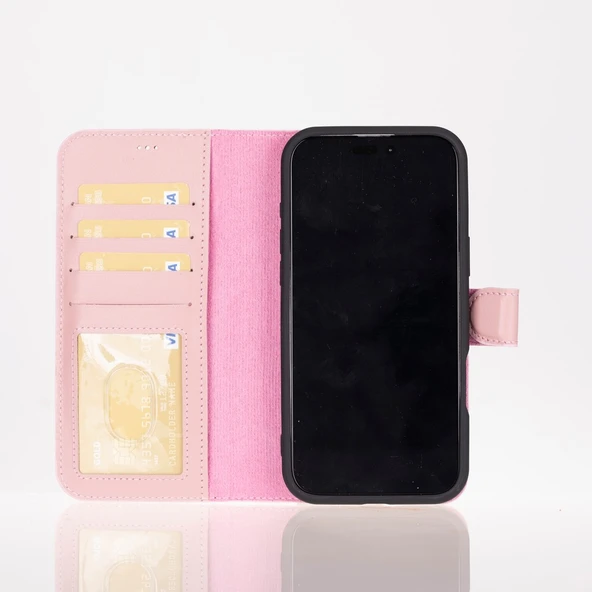 Apple iPhone 16 Pro uyumlu, Hakiki Deri, El Yapımı, Cüzdanlı Kılıf, Toz Pembe - 2