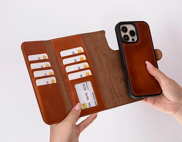 Apple iPhone 16 Pro uyumlu, Hakiki Deri, El Yapımı, Cüzdanlı Kılıf, Gölgeli Taba - 2