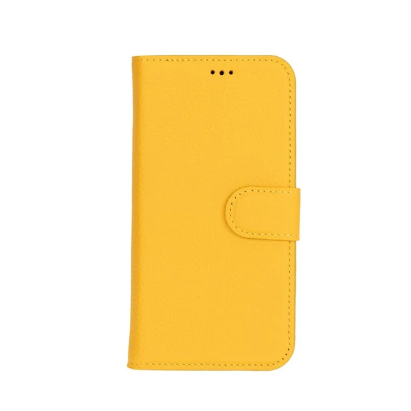Apple iPhone 16 Plus uyumlu, Hakiki Deri, El Yapımı, Cüzdanlı Kılıf, Limon Sarı - 4