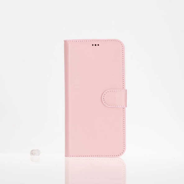 Apple iPhone 16 Pro uyumlu, Hakiki Deri, El Yapımı, Cüzdanlı Kılıf, Toz Pembe - 4
