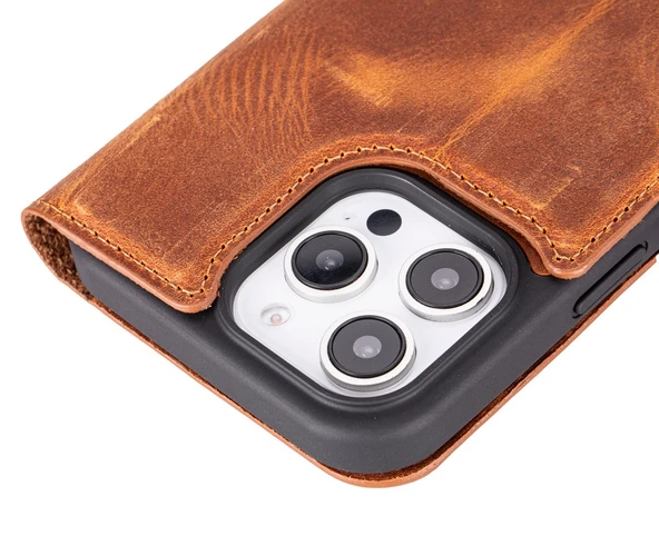 Apple iPhone 16 Pro Max uyumlu, Hakiki Deri, El Yapımı, Cüzdanlı Kılıf, Karamel - 3