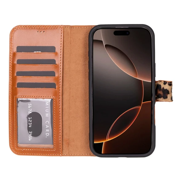 Apple iPhone 16 Pro uyumlu, Hakiki Deri, El Yapımı, Cüzdanlı Kılıf, Leopar - 2