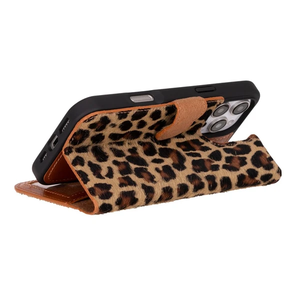 Apple iPhone 16 Pro uyumlu, Hakiki Deri, El Yapımı, Cüzdanlı Kılıf, Leopar - 5