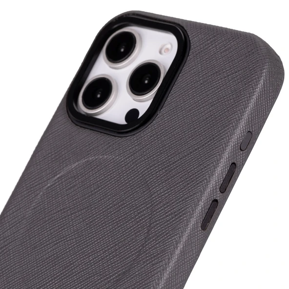 Apple iPhone 16 Pro Max uyumlu, Hakiki Deri, El Yapımı Kılıf, Gri - 3