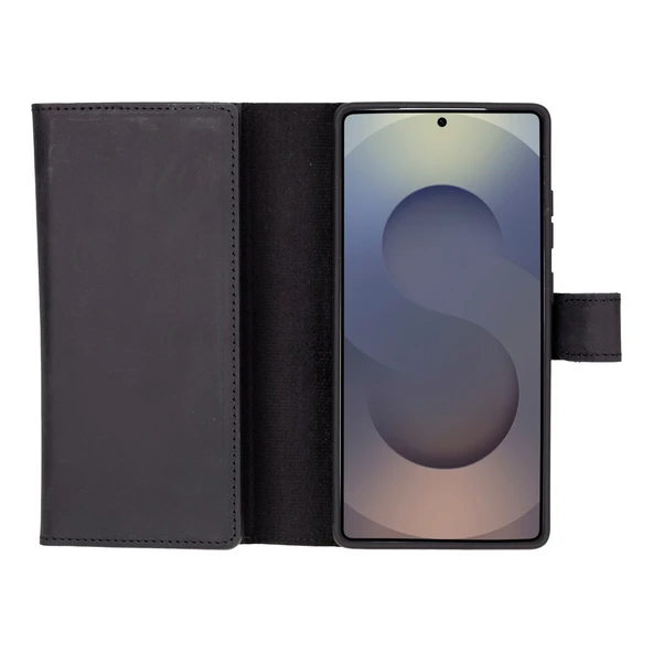 Samsung Galaxy S25 Ultra uyumlu, Hakiki Deri, El Yapımı, Cüzdanlı Kılıf, Mat Siyah - 3