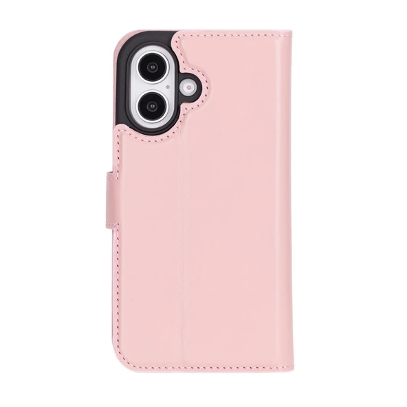 Apple iPhone 16 Plus uyumlu, Hakiki Deri, El Yapımı, Cüzdanlı Kılıf, Toz Pembe - 4