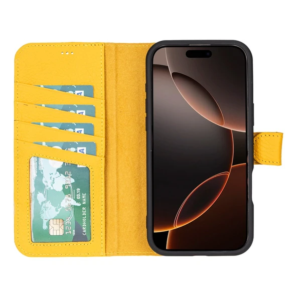 Apple iPhone 16 Pro uyumlu, Hakiki Deri, El Yapımı, Cüzdanlı Kılıf, Limon Sarı - 2