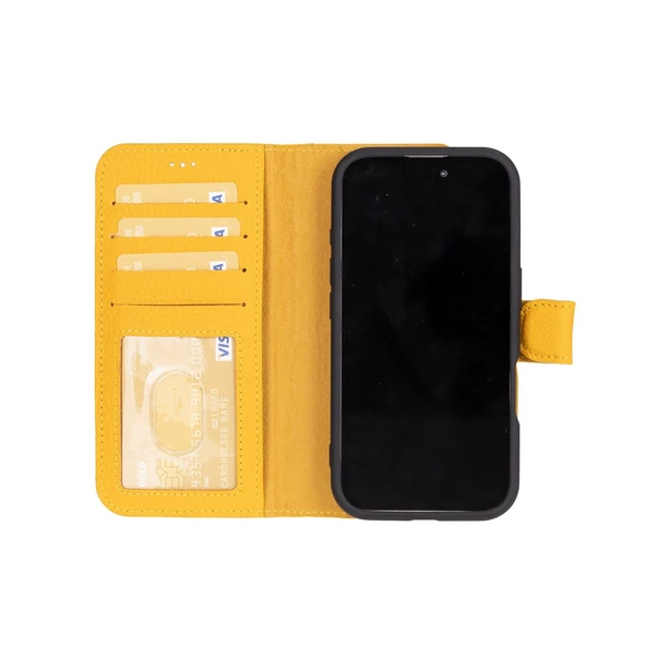 Apple iPhone 16 uyumlu, Hakiki Deri, El Yapımı, Cüzdanlı Kılıf, Limon Sarı - 2