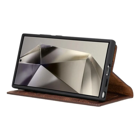 Samsung Galaxy S24 Ultra Uyumlu, Deri Cüzdanlı Kılıf, Antik Kahve - 3